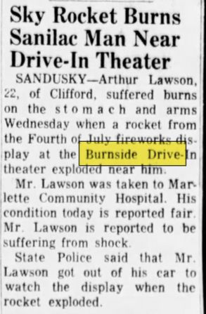 Jul 1962 article on fireworks incident Burnside Drive-In Theatre, Burnside